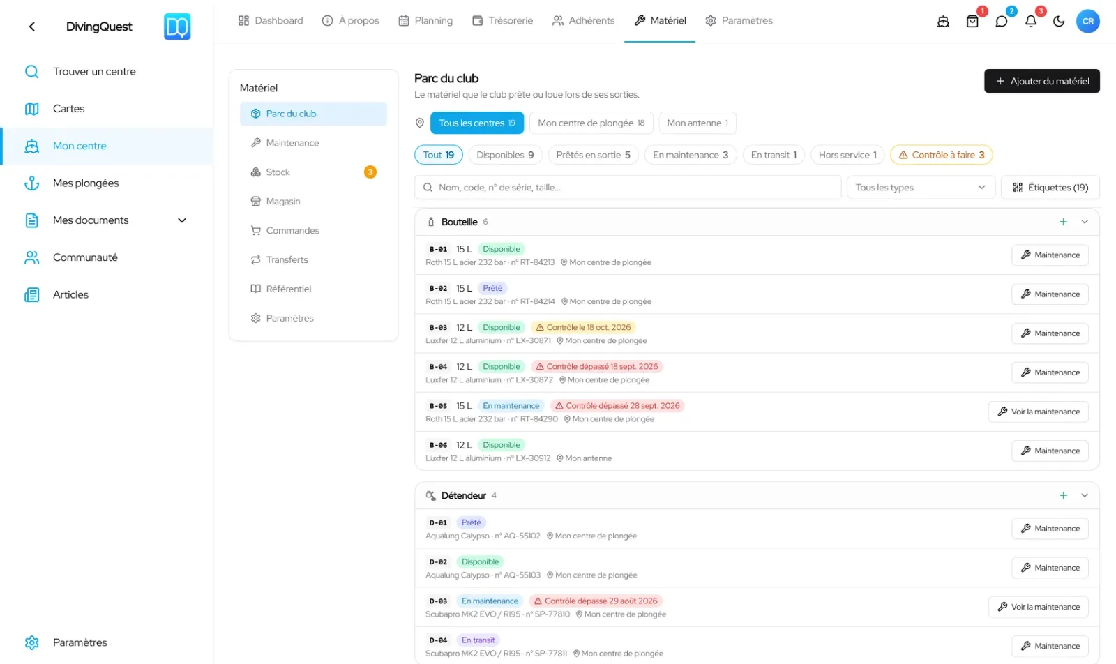 Module Matériel : la GMAO de votre club de plongée